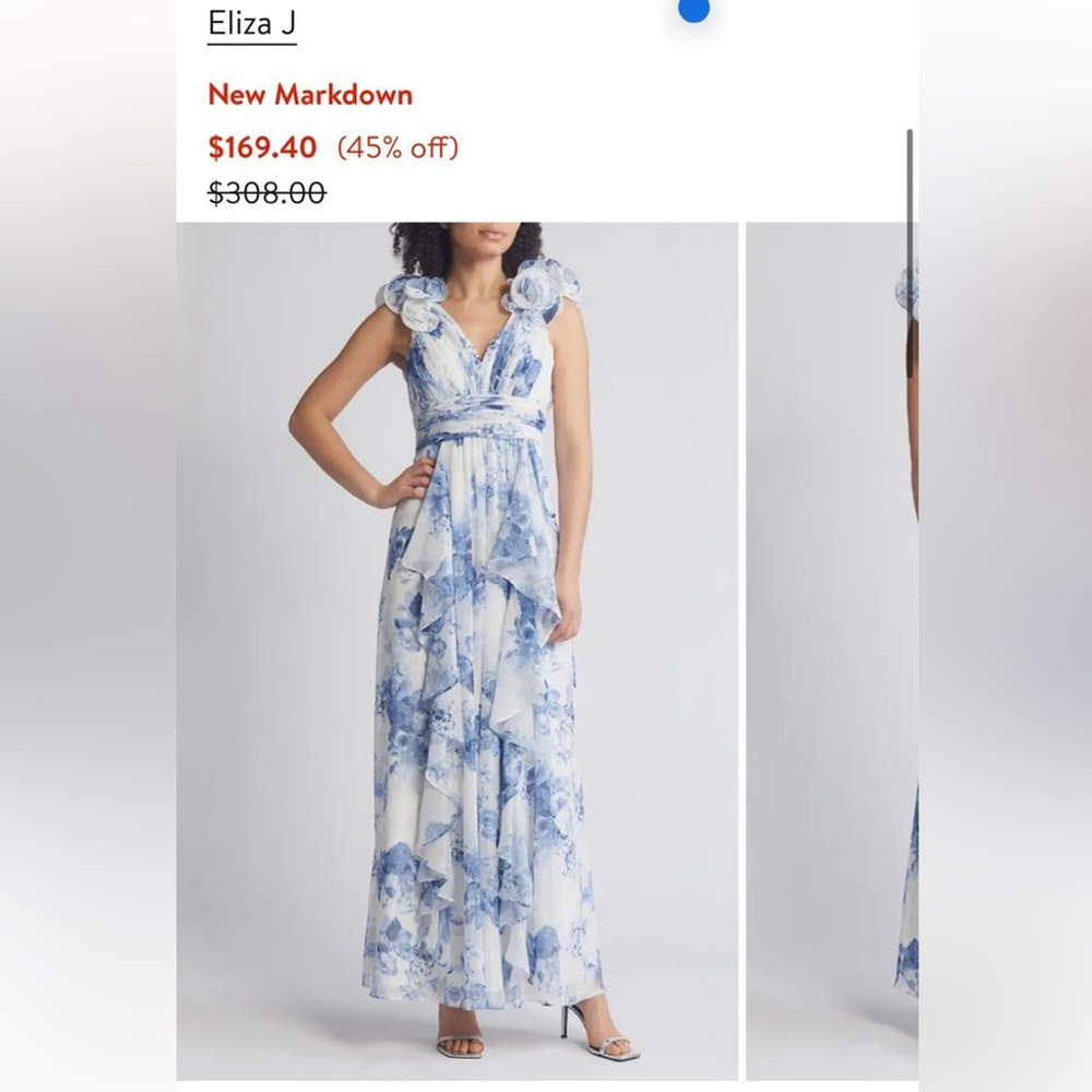 Eliza J Blue White Floral Ruffle Strap Maxi Flowy Spring Gown Prom Size 8 - Picture 5 of 15